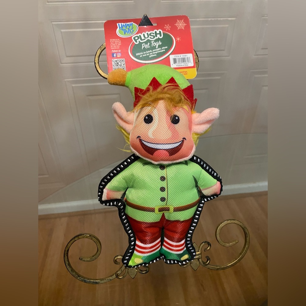 Happy Tails Holiday Dog Toy Christmas Elf Durable Squeaker Fetch Chew Play 10in